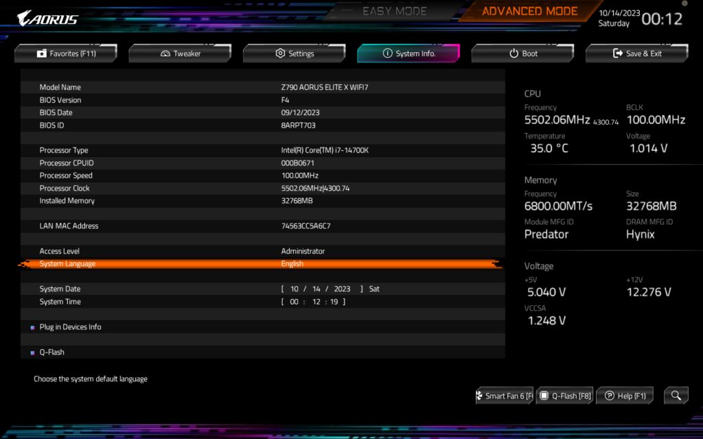 GIGABYTE AORUS Z790 ELITE X WiFi7 BIOS image 13