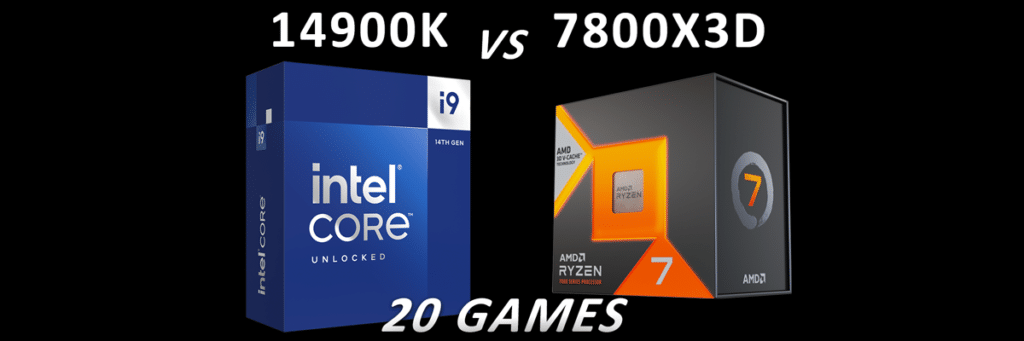 Intel Core i9-14900K Box and AMD Ryzen 7 7800X3D Box with 14900K vs 7800X3D and 20 Games text