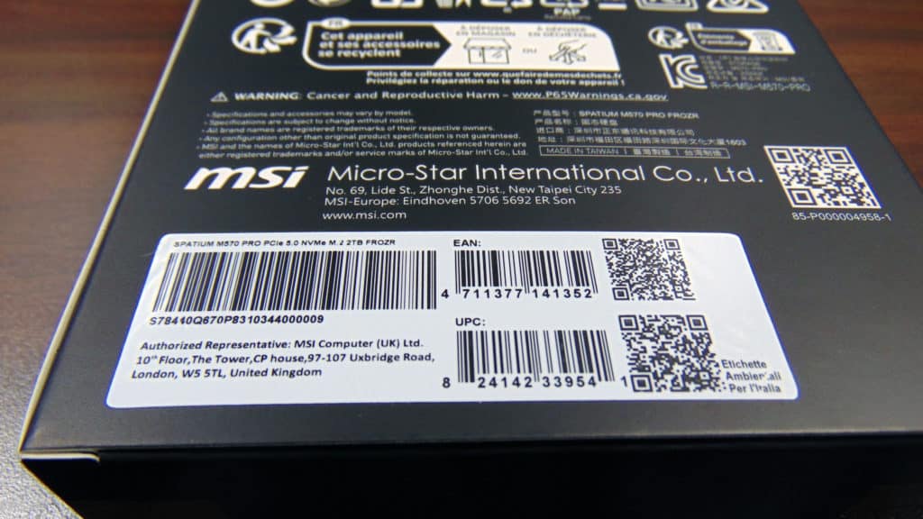 MSI SPATIUM M570 PRO FROZR 2TB PCIe Gen5 M.2 NVMe SSD Box Label