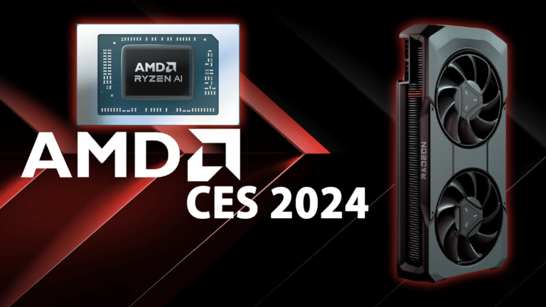AMD CES 2024 Text and Radeon RX 7600 XT video card and Ryzen AI CPU