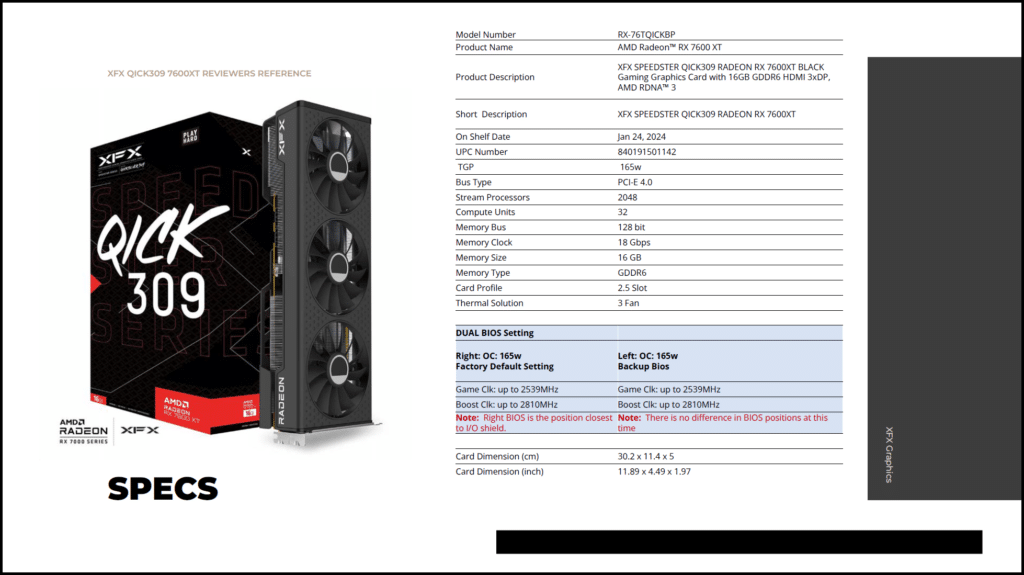 XFX Speedster QICK 309 Radeon RX 7600 XT Black Edition Video Card Press Deck