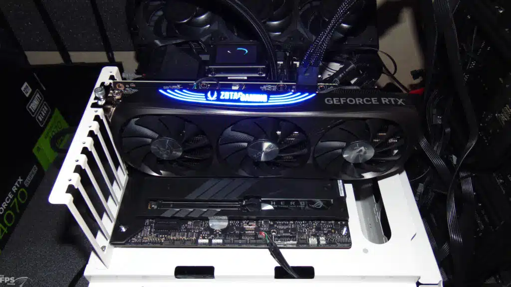 ZOTAC GAMING GeForce RTX 4070 SUPER Trinity Black Edition Video Card Installed in Computer with RGB