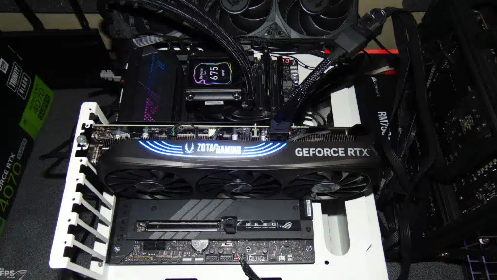 ZOTAC GAMING GeForce RTX 4070 SUPER Trinity Black Edition Video Card Installed in Computer with RGB