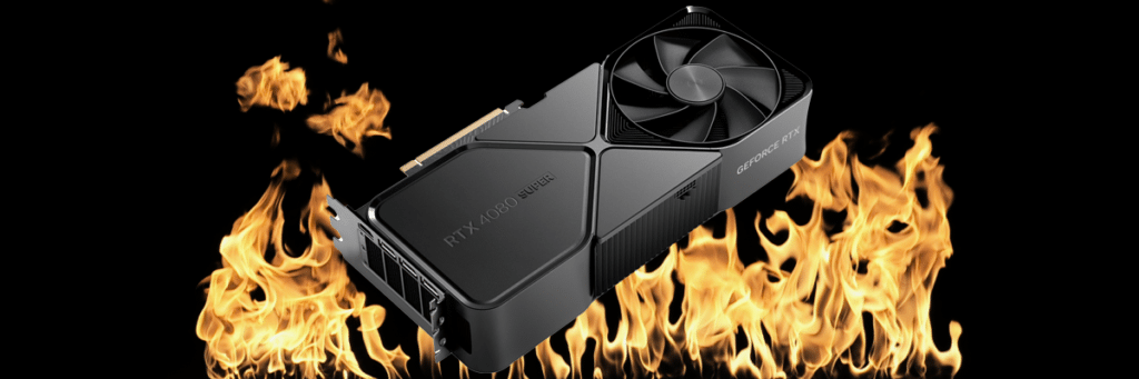 NVIDIA GeForce RTX 4080 SUPER Founders Edition Video Card with Fire Behind It