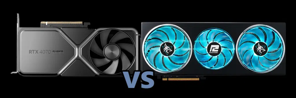 NVIDIA GeForce RTX 4070 SUPER Founders Edition and PowerColor Hellhound Radeon RX 7900 GRE with Blue VS Text