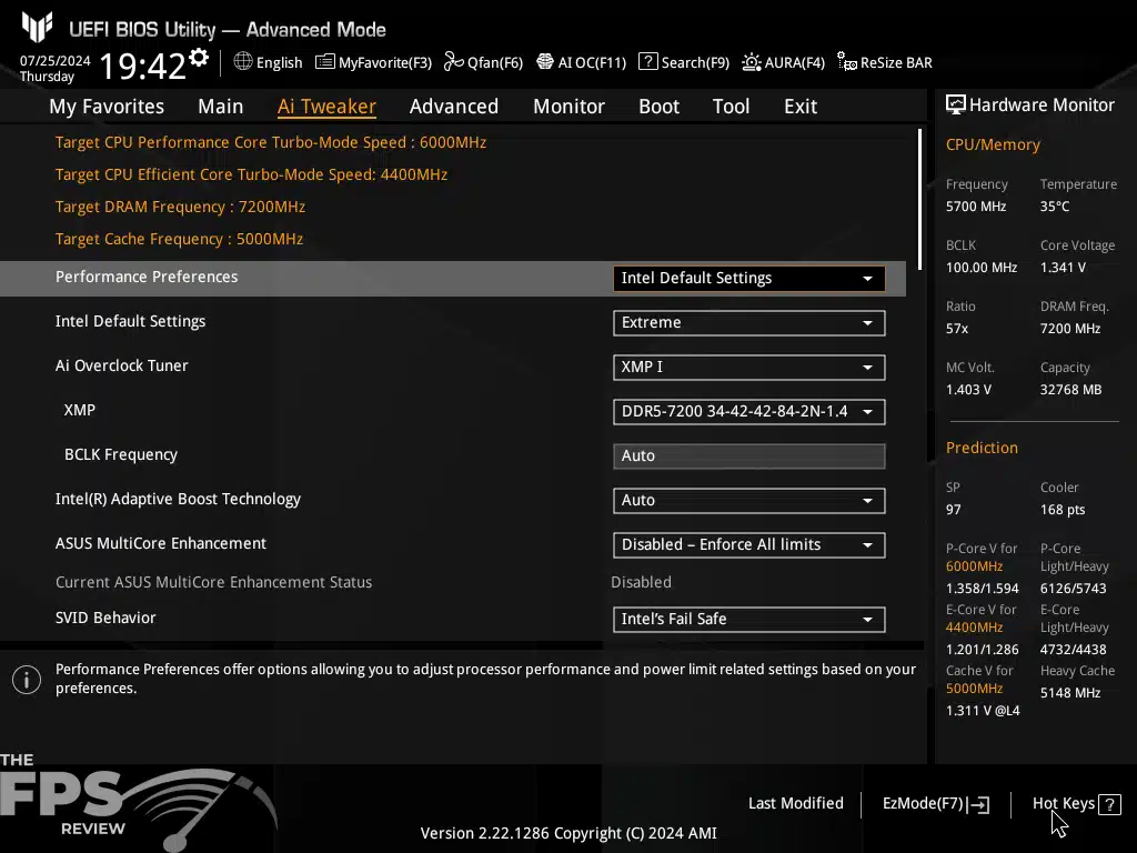 ASUS TUF GAMING Z790 PRO WIFI Motherboard BIOS 1661 Intel Default Settings Screenshot