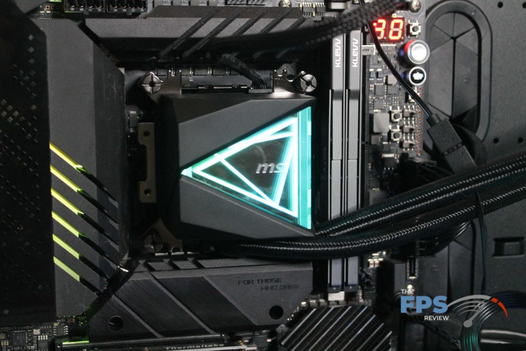 MSI MAG CORELIQUID I360 waterblock view installed in test rig