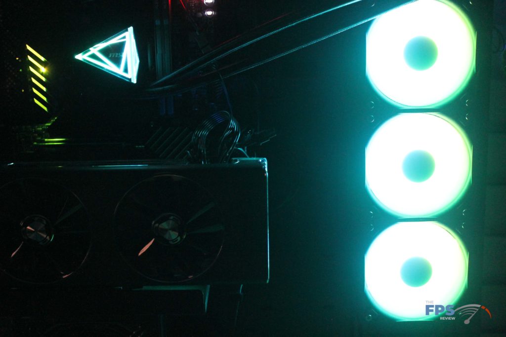 MSI MAG CORELIQUID I360 installed in test rig in the dark