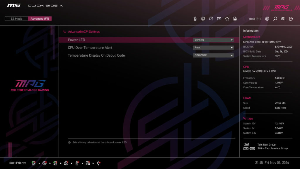 MSI MPG Z890 EDGE TI WIFI Motherboard UEFI Screenshot