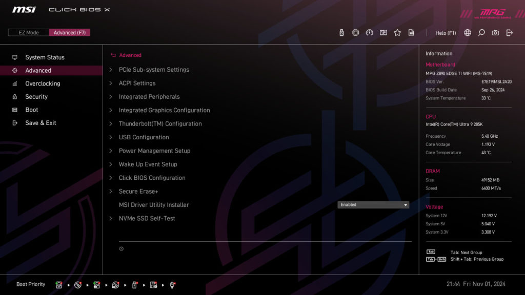 MSI MPG Z890 EDGE TI WIFI Motherboard UEFI Screenshot