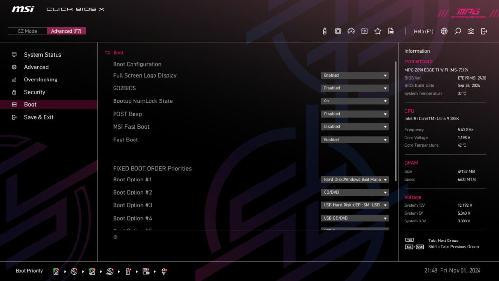 MSI MPG Z890 EDGE TI WIFI Motherboard UEFI Screenshot