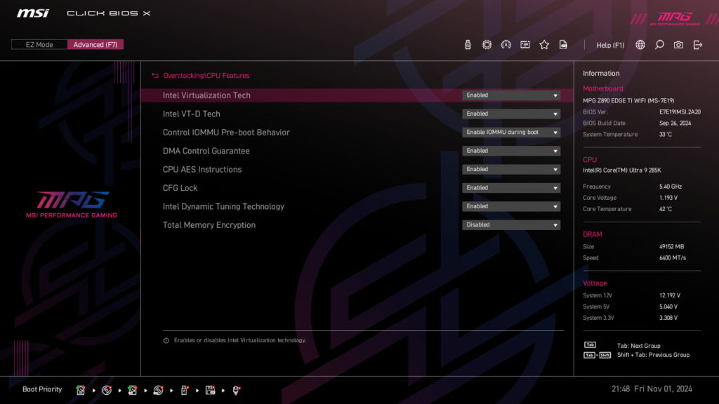 MSI MPG Z890 EDGE TI WIFI Motherboard UEFI Screenshot