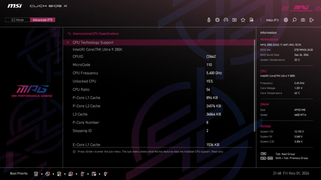 MSI MPG Z890 EDGE TI WIFI Motherboard UEFI Screenshot