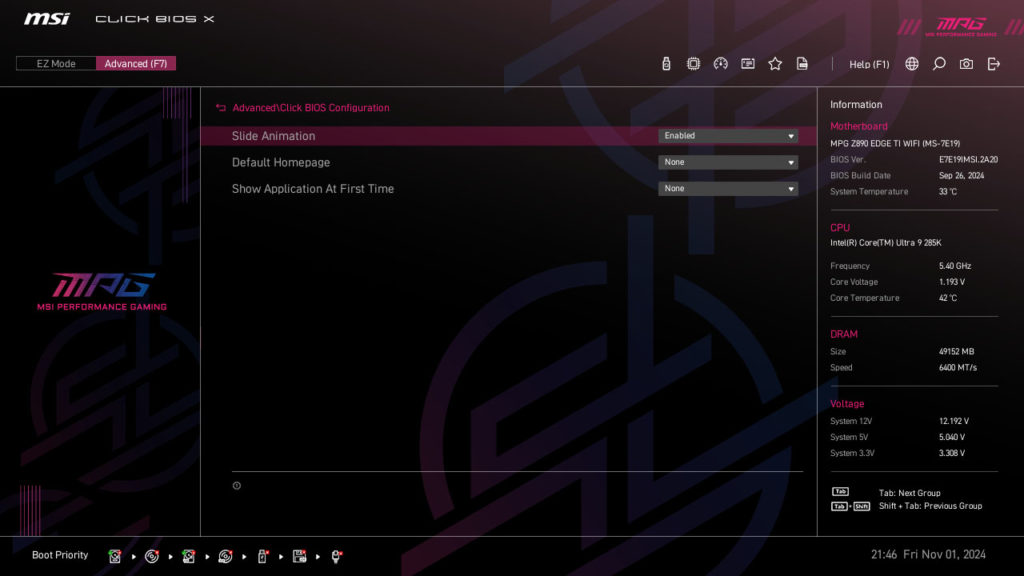 MSI MPG Z890 EDGE TI WIFI Motherboard UEFI Screenshot