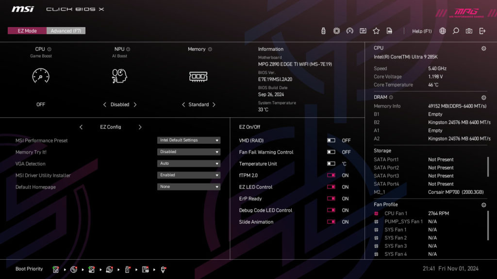 MSI MPG Z890 EDGE TI WIFI Motherboard UEFI Screenshot