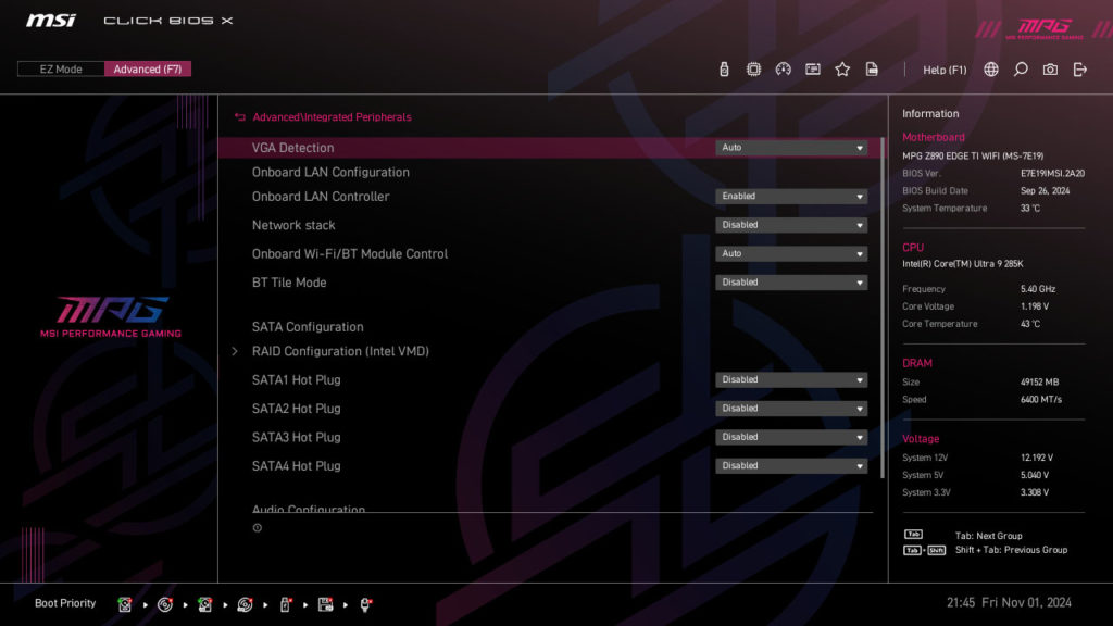 MSI MPG Z890 EDGE TI WIFI Motherboard UEFI Screenshot