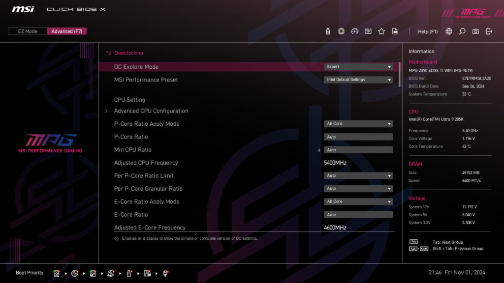 MSI MPG Z890 EDGE TI WIFI Motherboard UEFI Screenshot