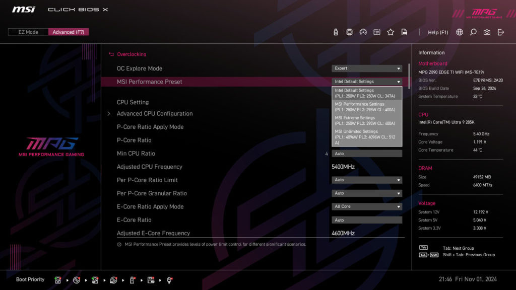 MSI MPG Z890 EDGE TI WIFI Motherboard UEFI Screenshot