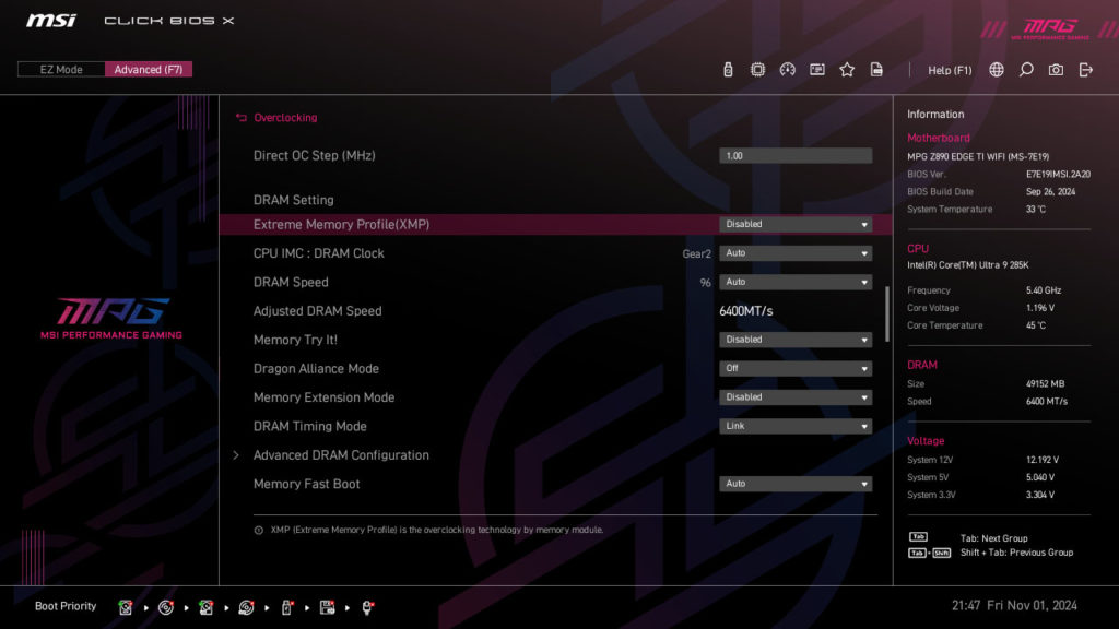 MSI MPG Z890 EDGE TI WIFI Motherboard UEFI Screenshot