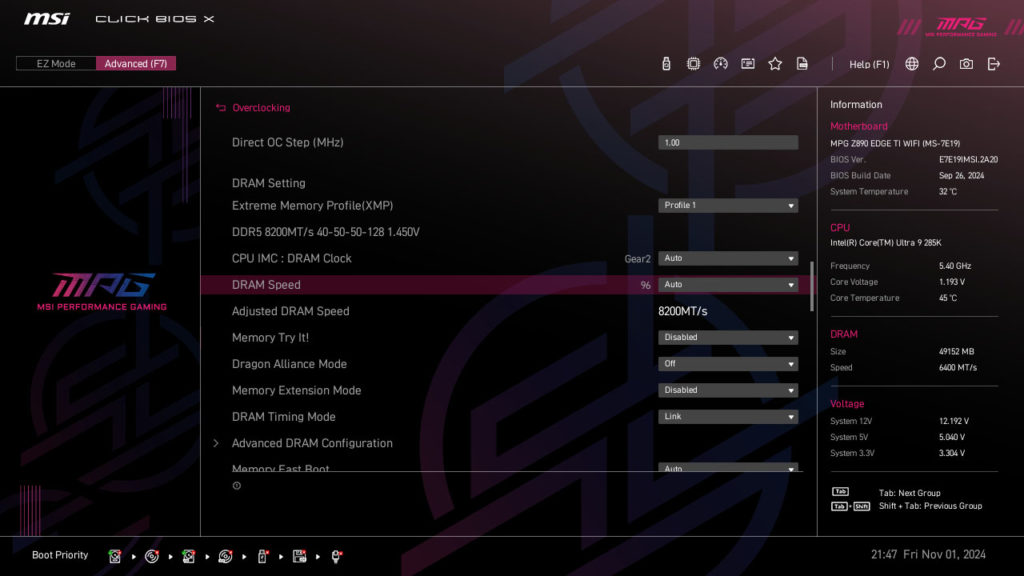 MSI MPG Z890 EDGE TI WIFI Motherboard UEFI Screenshot