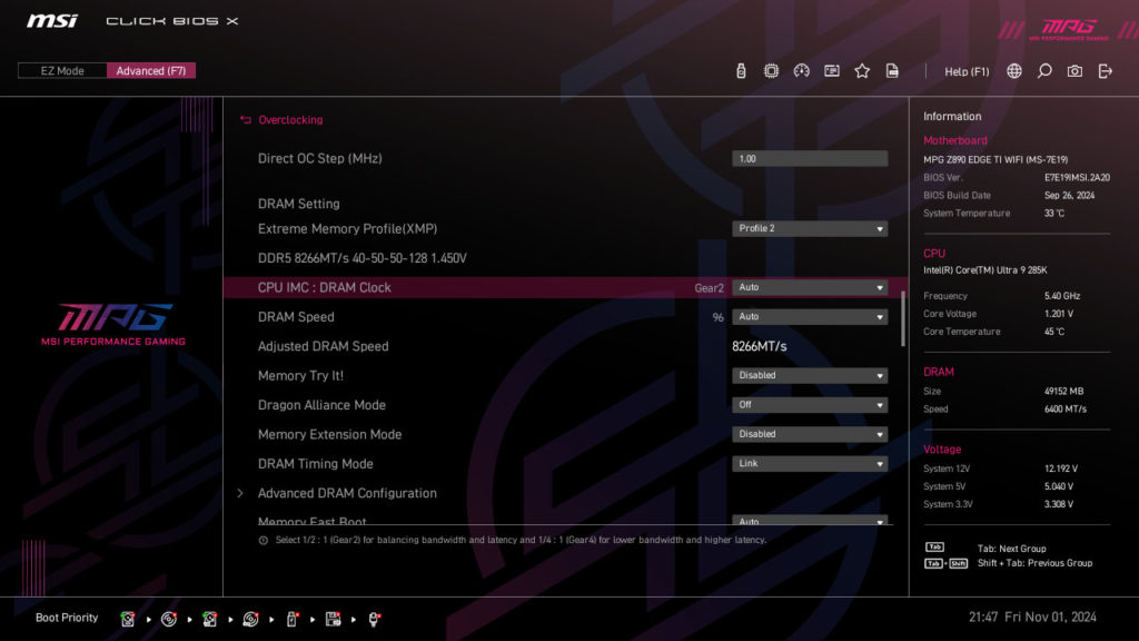MSI MPG Z890 EDGE TI WIFI Motherboard UEFI Screenshot