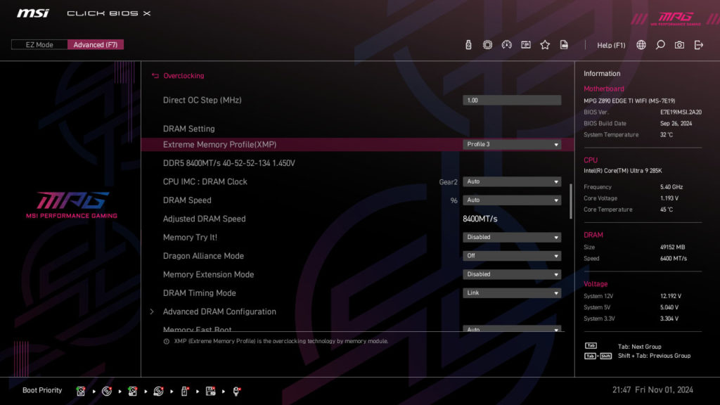 MSI MPG Z890 EDGE TI WIFI Motherboard UEFI Screenshot