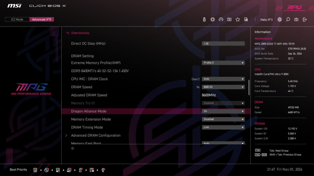 MSI MPG Z890 EDGE TI WIFI Motherboard UEFI Screenshot