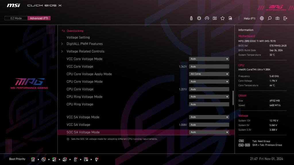 MSI MPG Z890 EDGE TI WIFI Motherboard UEFI Screenshot