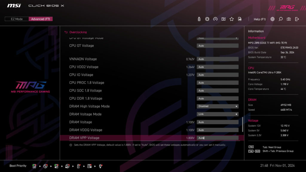 MSI MPG Z890 EDGE TI WIFI Motherboard UEFI Screenshot