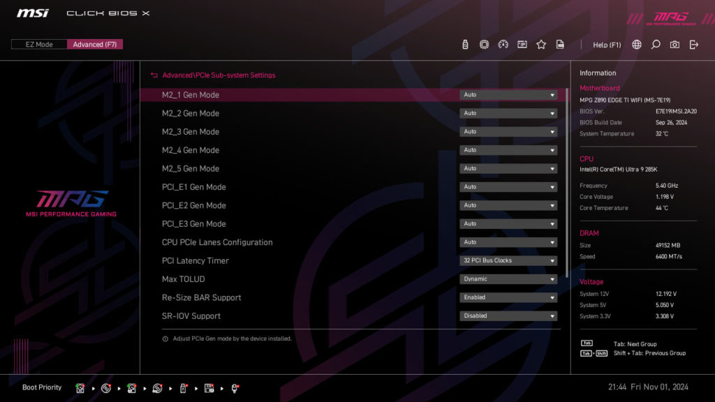 MSI MPG Z890 EDGE TI WIFI Motherboard UEFI Screenshot