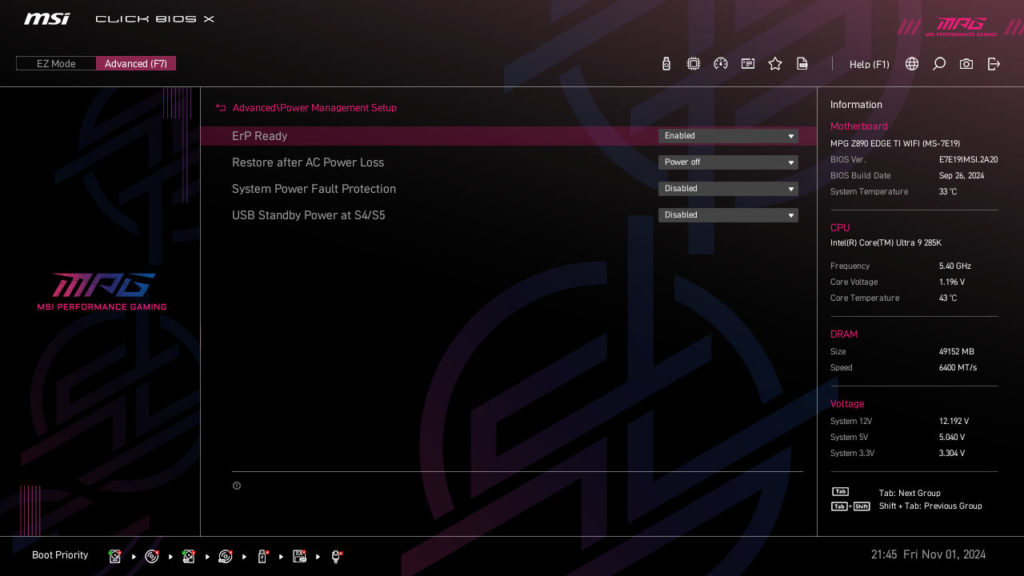 MSI MPG Z890 EDGE TI WIFI Motherboard UEFI Screenshot