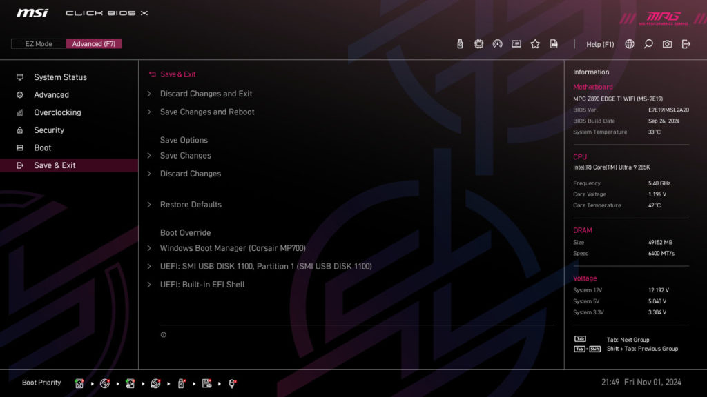 MSI MPG Z890 EDGE TI WIFI Motherboard UEFI Screenshot