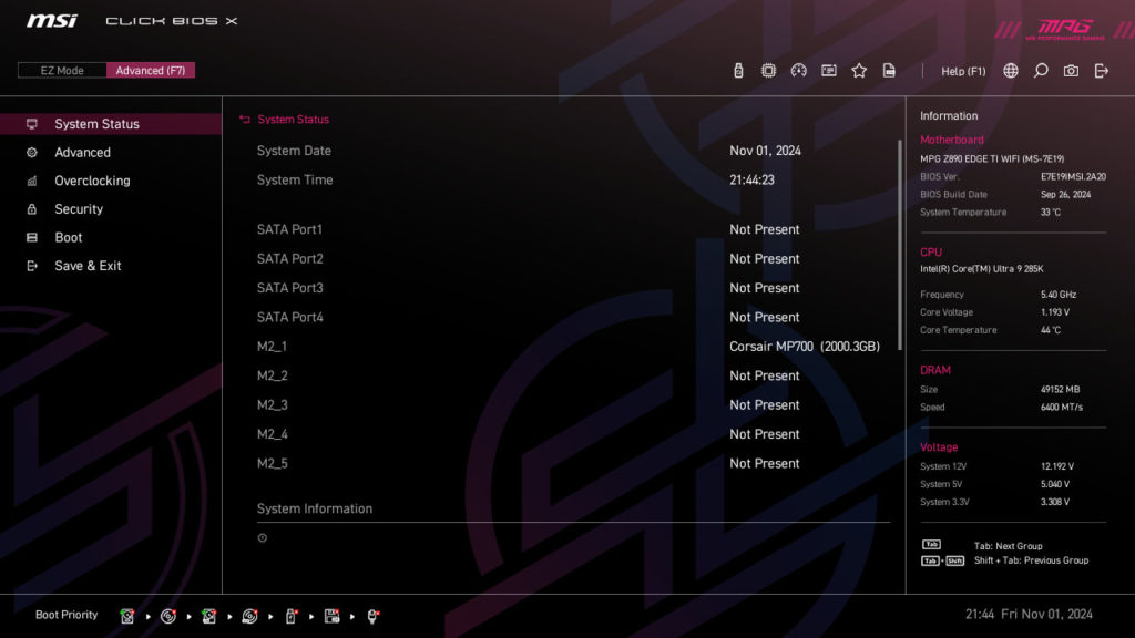 MSI MPG Z890 EDGE TI WIFI Motherboard UEFI Screenshot