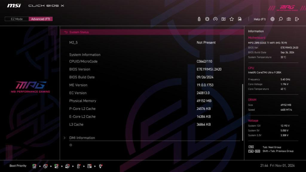 MSI MPG Z890 EDGE TI WIFI Motherboard UEFI Screenshot