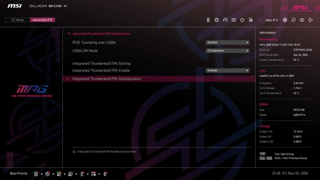 MSI MPG Z890 EDGE TI WIFI Motherboard UEFI Screenshot