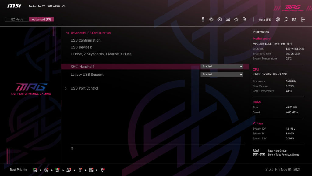 MSI MPG Z890 EDGE TI WIFI Motherboard UEFI Screenshot
