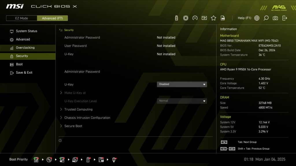 MSI MAG B850 TOMAHAWK MAX WIFI UEFI/BIOS Screenshot