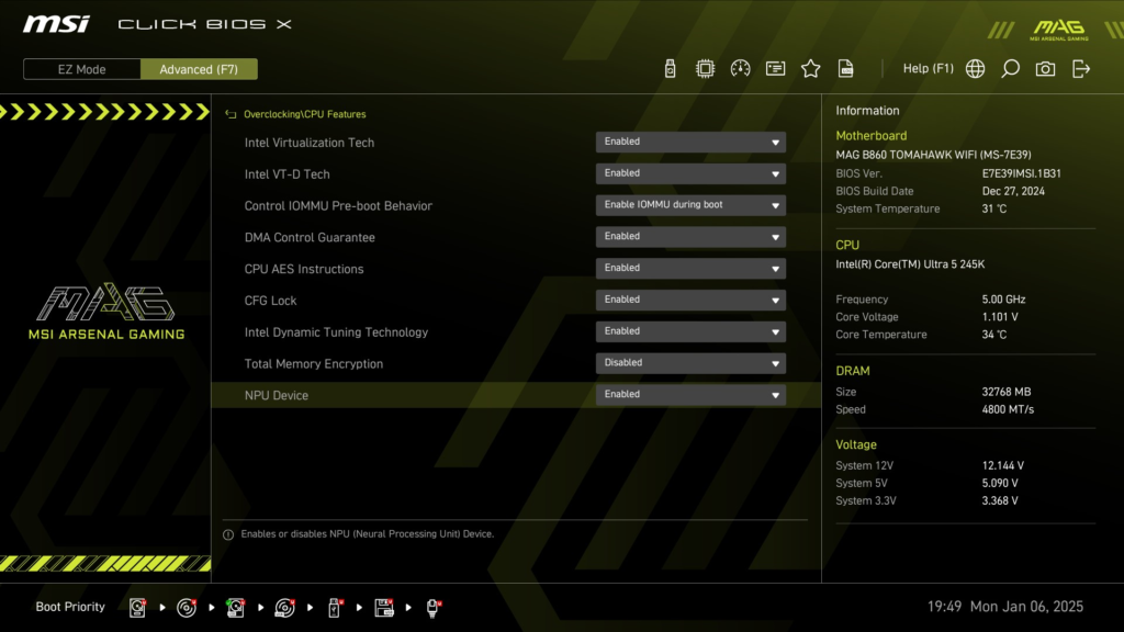 MSI MAG B860 TOMAHAWK WiFi : BIOS screenshot