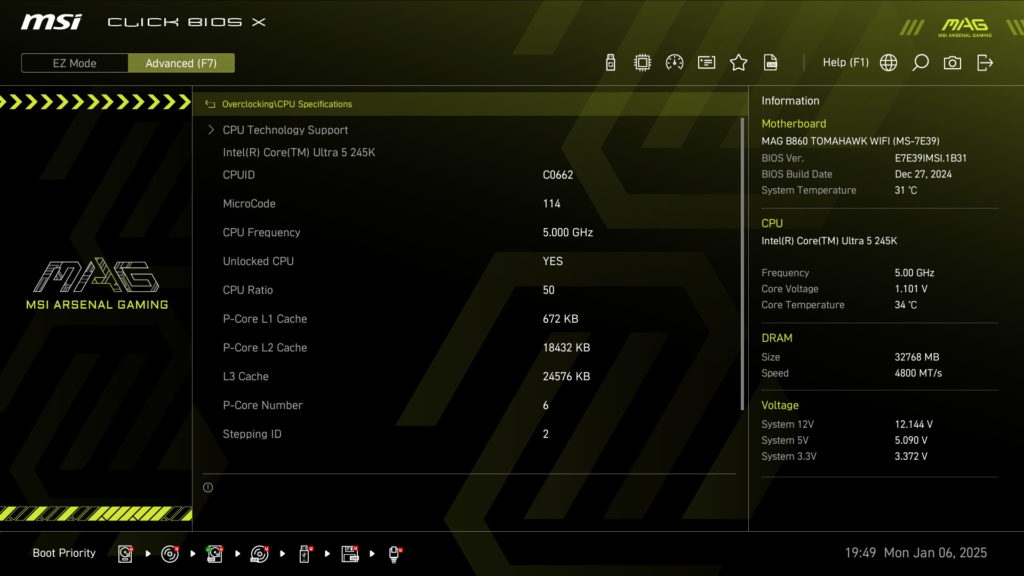 MSI MAG B860 TOMAHAWK WiFi : BIOS screenshot