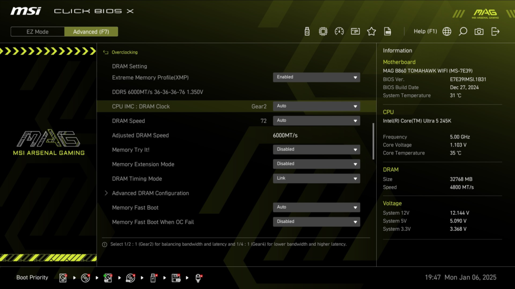 MSI MAG B860 TOMAHAWK WiFi : BIOS screenshot