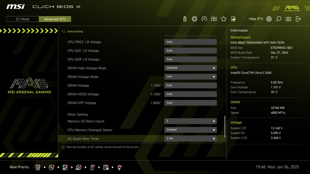 MSI MAG B860 TOMAHAWK WiFi : BIOS screenshot