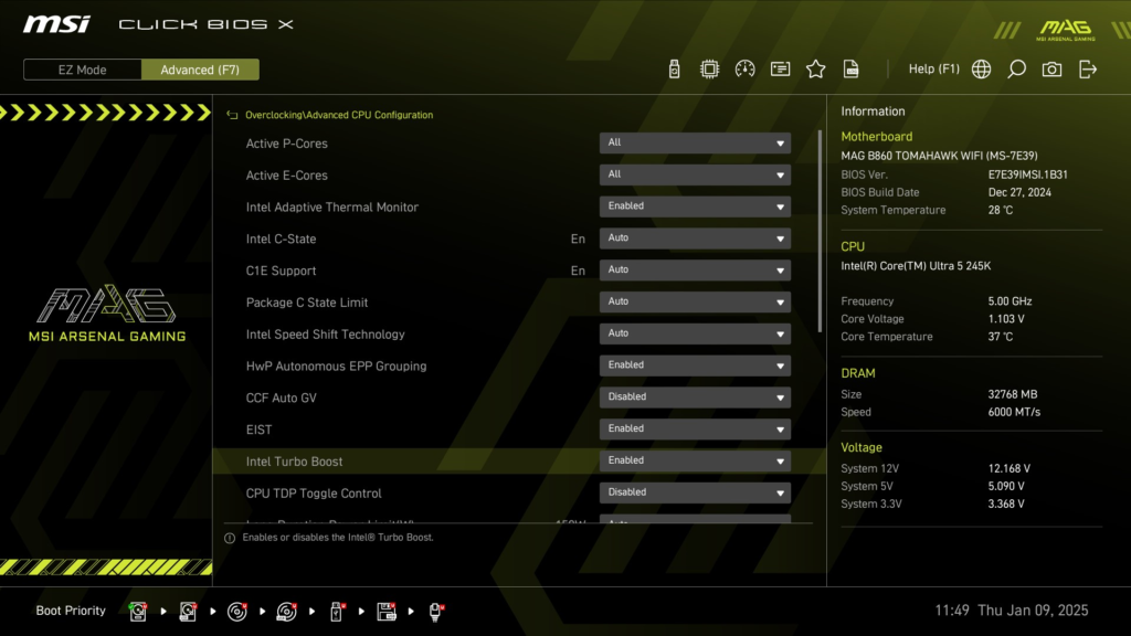 MSI MAG B860 TOMAHAWK WiFi : BIOS screenshot