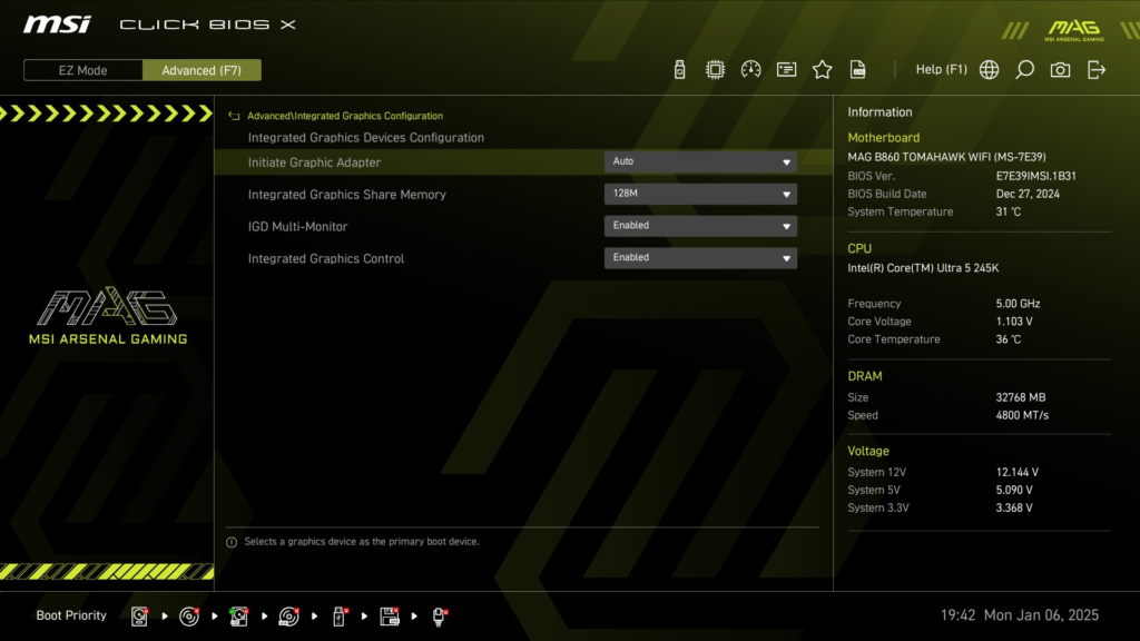 MSI MAG B860 TOMAHAWK WiFi : BIOS screenshot