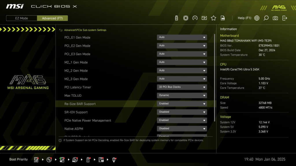 MSI MAG B860 TOMAHAWK WiFi : BIOS screenshot