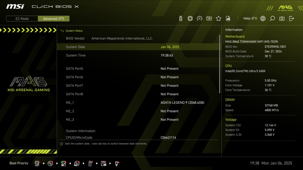 MSI MAG B860 TOMAHAWK WiFi : BIOS screenshot