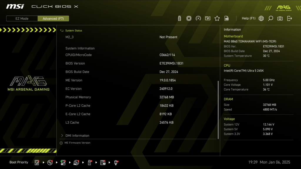 MSI MAG B860 TOMAHAWK WiFi : BIOS screenshot