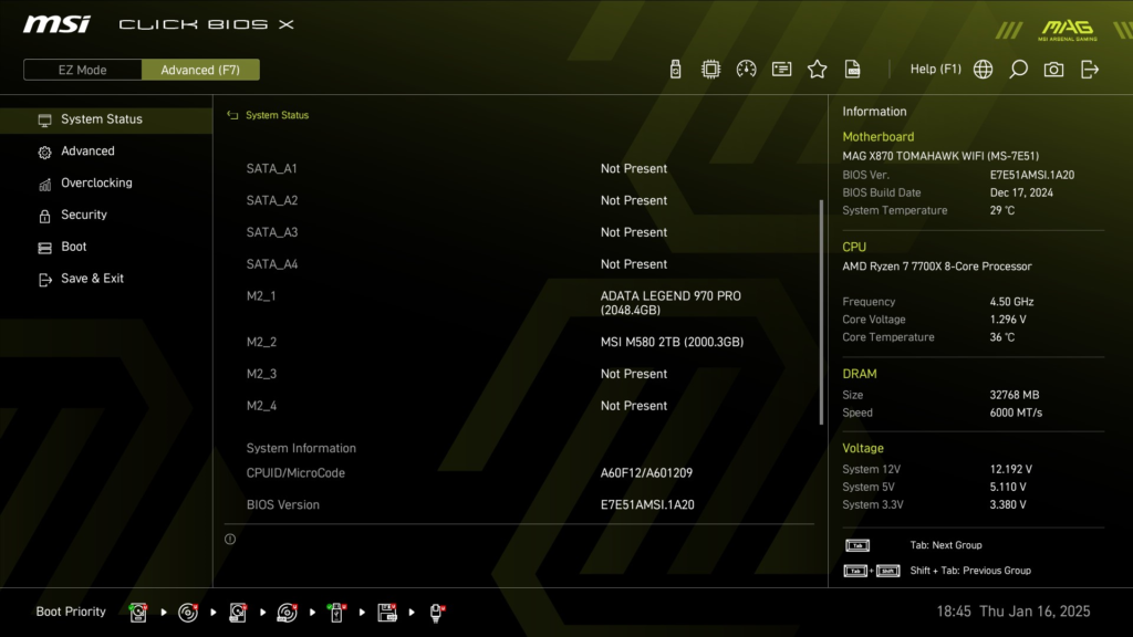 MSI MAG X870 TOMAHAWK WiFi motherboard: BIOS screenshot
