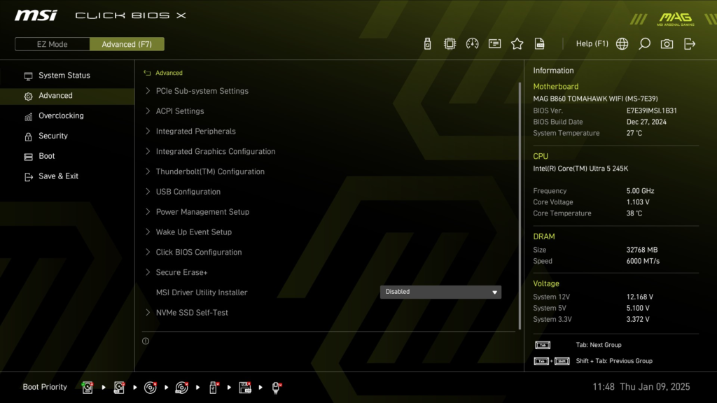 MSI MAG B860 TOMAHAWK WiFi : BIOS screenshot
