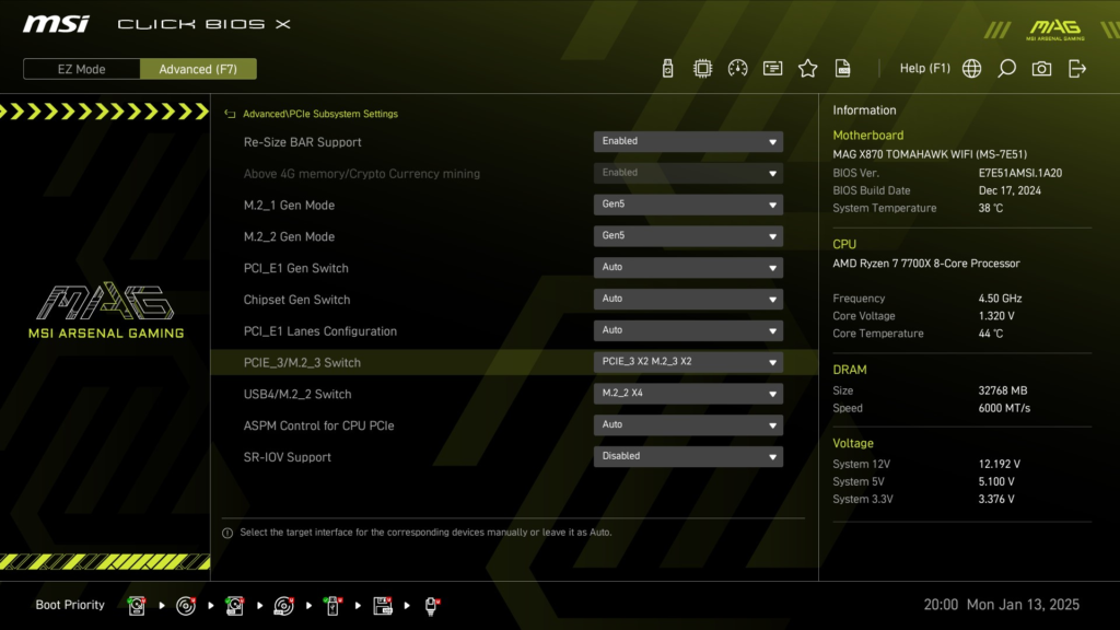 MSI MAG X870 TOMAHAWK WiFi motherboard:  BIOS M.2_switch