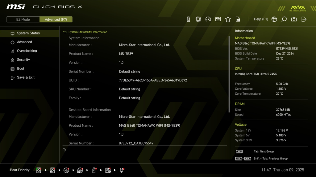 MSI MAG B860 TOMAHAWK WiFi : BIOS screenshot